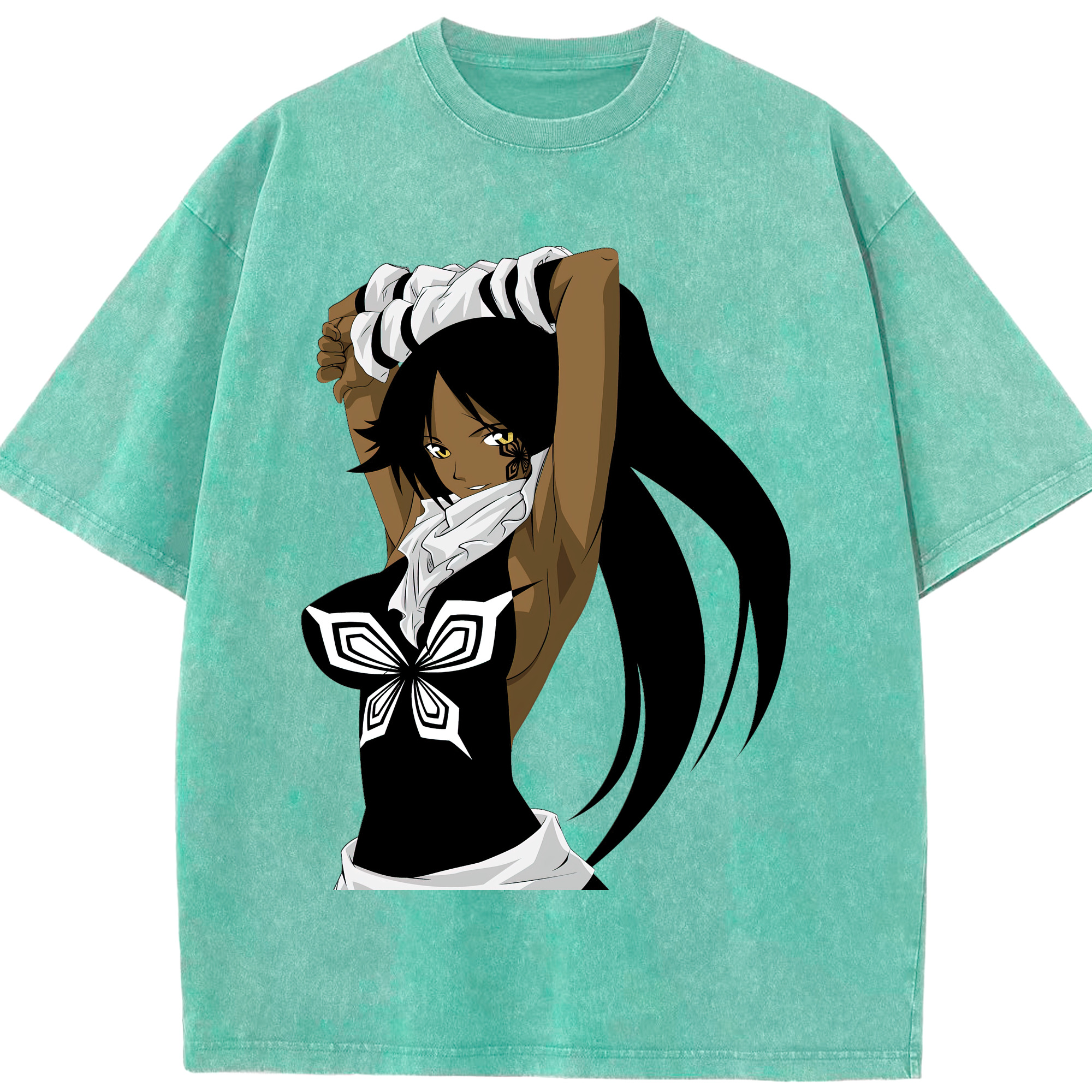 （画像用） ブリーチ 四楓院 夜一（しほういん よるいち） BLEACH Shihouin Yoruichi 綿100% ヴィンテージ風 半袖Tシャツ（フロントプリント）
